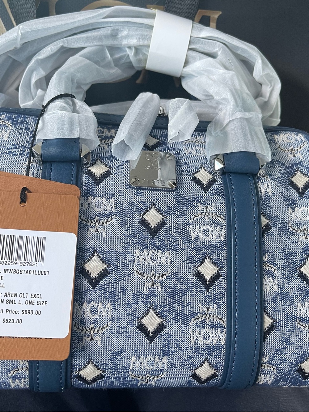 MCM Blue Patterned Canvas Satchel with Navy Leather Trim and Silver Hardware